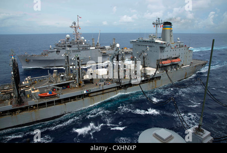 Philippinischen Meer (bis 30. 24, 2012) Die amphibious Transport dock Schiff USS Denver LPD (9), ganz links, zieht neben der militärischen Sealift Command flotte Auffüllung öler ship USNS Tippecanoe (T-AO 199) eine doppelte Auffüllung auf See mit der Durchführung bereitgestellten Amphibisches Schiff USS BONHOMME RICHARD (LHD6). Tippecanoe durchgeführt, um ein RAS mit beiden Schiffen, während im Gange. Bonhomme Richard, kommandiert von Kapitän Daniel Dusek, ist der Leitung der nur Vorwärts - bereitgestellt Amphibious ready Gruppe. Stockfoto