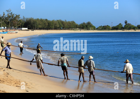 Fischer in einem großen Fischernetz am Dutch Bay in Trincomalee auf Sri Lanka zu schleppen. Stockfoto