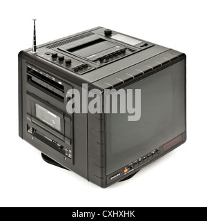 Seltene Vintage (1980) Philips 9TC 2100 all-in-One portable B&W Fernseher mit eingebauten Kassettenrekorder, Radio und Wecker ausgestattet. Stockfoto