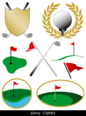 Acht Farbsymbole Golf einschließlich eines Golfballs, Schild, Clubs und Flaggen Stockfoto