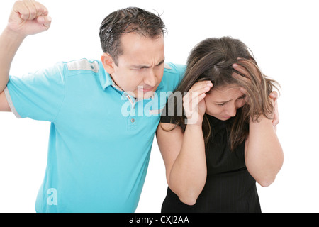 Erschreckt misshandelte Frau versucht, den Angriff zu stoppen und sich verteidigen, Stockfoto