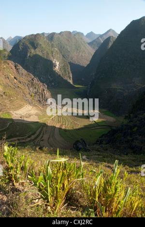 Kalksteinbergen und tiefen Tälern, Dong Van Ha Giang, Vietnam Stockfoto