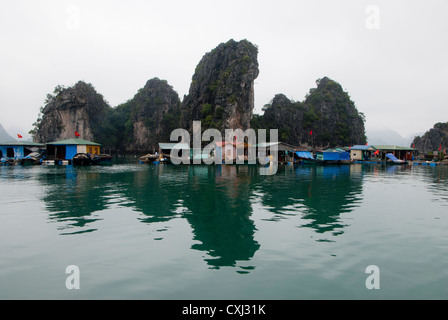 Schwimmende Dorf und Kalkstein Karst Felsformationen, Halong Bucht, Vietnam Stockfoto