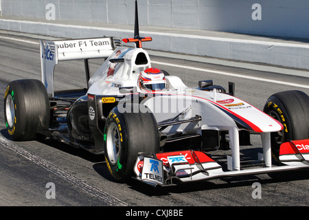 Kamui Kobayashi im Sauber-Team 2011 Formel 1 Auto in Montmelo, Barcelona, Spanien Stockfoto