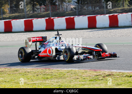 Jenson Button fahren für McLaren-Mercedes im Jahr 2011 in Montmelo Rennstrecke in Barcelona, Spanien Stockfoto