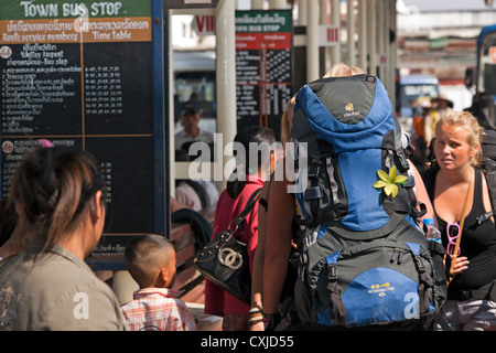 Backpacker, Bus Station, Vientiane, Laos Stockfoto