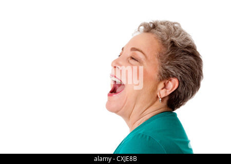 Glückliche senior Frau sprechen, schreien schreien singen Stockfoto