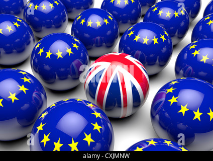 Nahaufnahme der viele Bälle mit der europäischen Flagge und eine Kugel mit Flagge des Vereinigten Königreichs - Konzept Bild Stockfoto