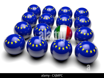 Nahaufnahme der viele Bälle mit der europäischen Flagge und eine Kugel mit der Flagge von Italien Stockfoto