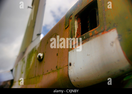 Verfallene Harrier "GR3 XZ969, Sea Harrier FRS1 ZD581 und Harrier T4 XW271 Predannack Airfield, Cornwall, UK Stockfoto