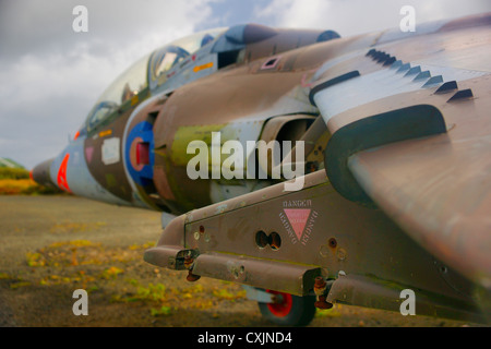 Verfallene Harrier "GR3 XZ969, Sea Harrier FRS1 ZD581 und Harrier T4 XW271 Predannack Airfield, Cornwall, UK Stockfoto