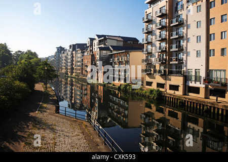 Ein Blick auf den Fluss Wensum mit neuer Wohnsiedlungen in der Stadt Norwich, Norfolk, England, Vereinigtes Königreich. Stockfoto