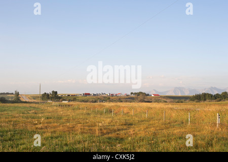 Prairie Farm und Felder, Rocky Mountains in ferne Utopie Farm, Pincher Creek, Alberta, Kanada Stockfoto