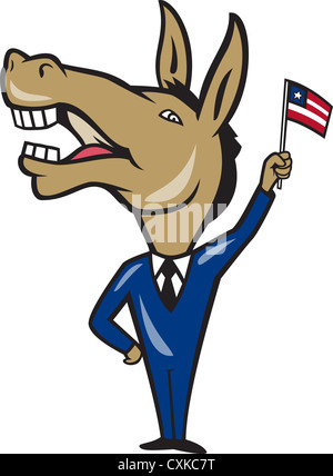 Beispiel für ein Demokrat Esel Maskottchen der Demokratischen Partei winken amerikanische Sternenbanner Flagge im Cartoon-Stil gemacht. Stockfoto