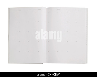 Kalender für Monat fotografiert auf einem weißen Hintergrund geöffnet Stockfoto