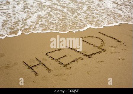 Das Wort "Hilfe", geschrieben auf einem sandigen Strand mit Wasser Stockfoto