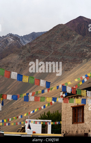 Indien, Ladakh, Alchi, bunte buddhistische Gebetsfahnen mit Himalaya im Hintergrund Stockfoto