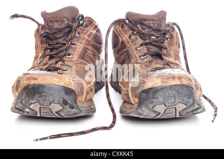 Ein paar Schuhe alte, Herren Größe 11, auf einem weißen Hintergrund. Fokus-Stack im Fokus von vorne nach hinten. Stockfoto