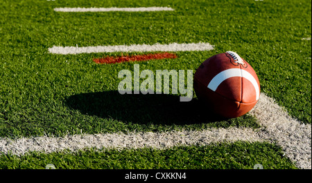 Eine braune Leder American Football auf einem grünen Fußballplatz Stockfoto