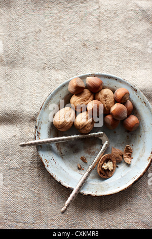 Walnüsse und Haselnüsse in Schale mit Nussknacker Stockfoto