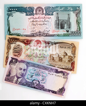 Drei historische Banknoten aus Afghanistan Stockfoto