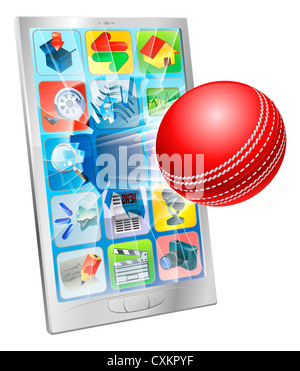 Beispiel für ein Cricketball herausfliegen Handy-Bildschirm Stockfoto