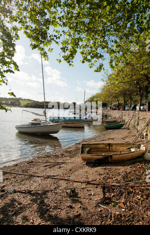 Boote vertäut am Ufer des Flusses an der River Fal Truro Cornwall UK Stockfoto