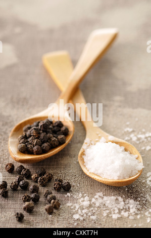 Grobes Salz und Pfefferkörner in Holzlöffel Stockfoto