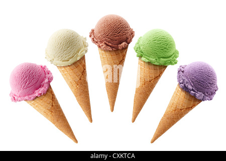 fünf Eis mit Zapfen in verschiedenen Geschmacksrichtungen Stockfoto