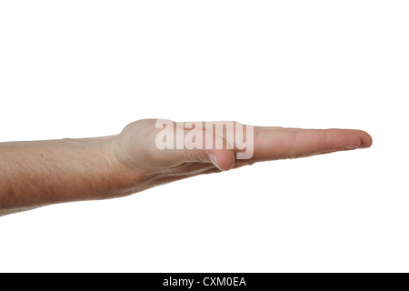 Flachen Hand.  Männliche Handbewegung auf Uni weiß.  Schneiden Sie Stockfoto