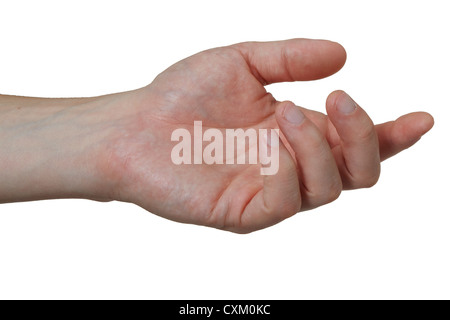 Offenen geben männliche Handbewegung auf Uni weiß.  Schneiden Sie Stockfoto