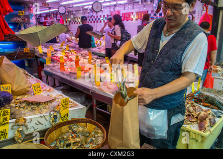 New York, NY, USA, männliche Angestellte arbeiten chinesische Fischmarkt, Absacken Hummer, "Gewinnen Sea Food Market" in Chinatown, Manhattan Stockfoto