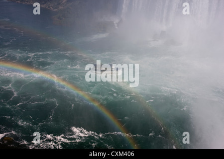 Doppelter Regenbogen über The Horseshoe Falls mit der Maid of Nebel Tourenboot unten, Niagara Falls, Kanada Stockfoto