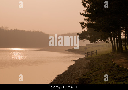 Schöne misty Abend Licht bei Sonnenuntergang über dem ruhigen Wasser des ländlichen, ruhigen malerischen See & 3 Wanderer - Thruscross Reservoir, North Yorkshire, England, UK. Stockfoto