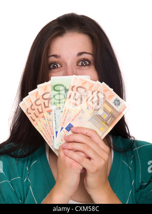 Glückliche junge Frau mit Geld (Euro-Scheine) Stockfoto