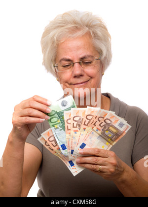 Glücklich Reife Frau Geldzählen (Euro-Scheine) Stockfoto