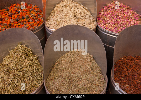 Anzeige von Metall Eimer mit Kräutern, Gewürzen und getrockneten Blumen, Marrakesch, Marokko Stockfoto