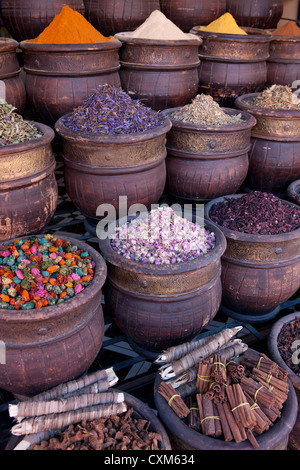 Keramik Töpfe mit getrockneten Blüten, Kräutern und Gewürzen Marrakesch, Marokko Stockfoto