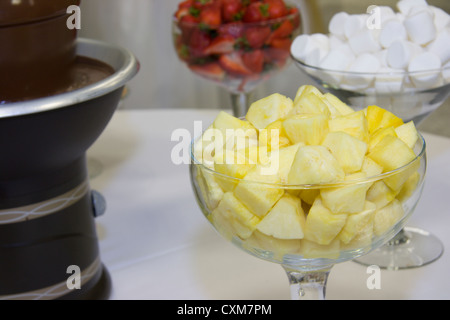 frische Ananas Stücke mit Parkgarage, Erdbeeren und Schokolade Brunnen im Hintergrund Stockfoto