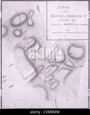 Ordnen Sie eine Skizze der Schlacht von Germantown, 4. Oktober 1777, wo die Rebellen zurückgeschlagen wurden. Unabhängigkeitskrieg der USA Stockfoto