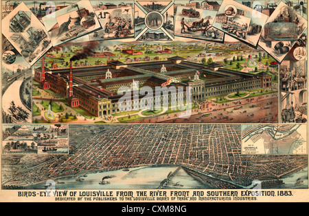 Karte Vogelperspektive von Louisville vom Flussufer und südliche Lage, 1883. Stockfoto