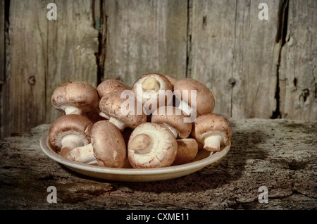 Bio Pilze produzieren braune Champignons roh in einem Teller bereit mit Gabel bereit, alte Tisch gegessen Nahrung gekocht werden abgeholt Stockfoto