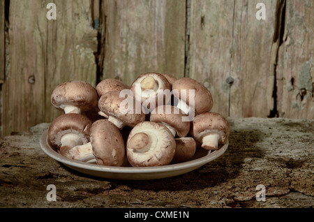 Bio Pilze produzieren braune Champignons roh in einem Teller bereit mit Gabel bereit, alte Tisch gegessen Nahrung gekocht werden abgeholt Stockfoto