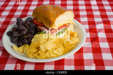 Ein Picknick-Mittagessen, bestehend aus einem Sandwich, Kartoffelchips und Trauben auf eine rote karierte Tischdecke Stockfoto