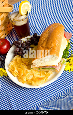 Ein Picknick-Mittagessen, bestehend aus einem Sandwich, Kartoffelchips und Trauben auf einer blau karierte Tischdecke Stockfoto