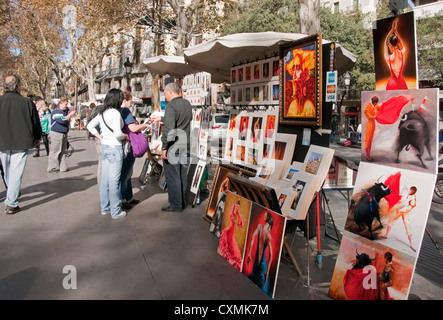 Künstler auf den Ramblas in Barcelona Gemälde zu verkaufen Stockfoto