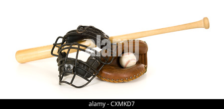 Baseball-Catcher Zahnrad auf weißem Hintergrund, einschließlich einer Mitt, Kugel und Gesichtsmaske Stockfoto