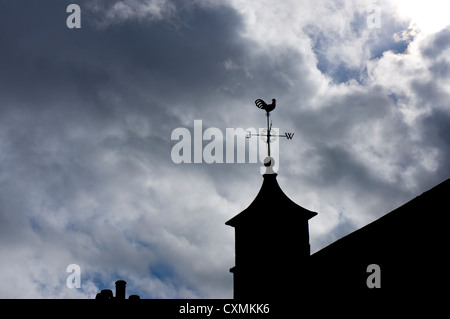 Eine Wetterfahne auf einem Turm ist gegen ein bewölkter Himmel abhebt. Stockfoto