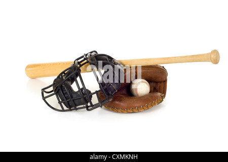 Baseball-Catcher Zahnrad auf weißem Hintergrund, einschließlich einer Mitt, Kugel und Gesichtsmaske Stockfoto