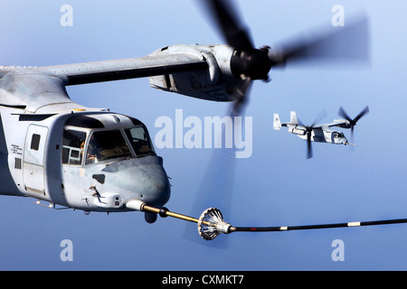 Ein US-Marine MV-22 Osprey verbindet sich mit der Betankung Schlauch von einer KC-130J Hercules während der Luftbetankung 23. September 2012. Stockfoto